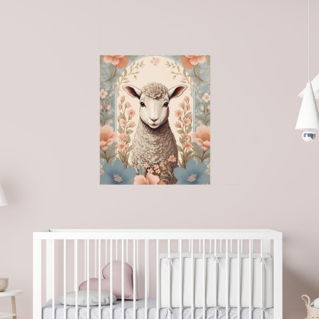 Cute Lamb Delicate Pastel Floral Poster (Nursery 2)