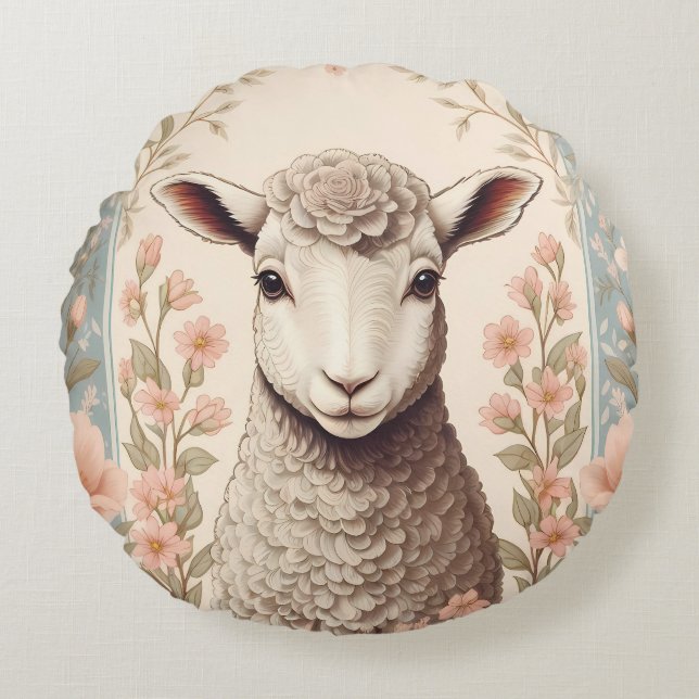 Cute Lamb Delicate Pastel Floral Round Pillow (Front)