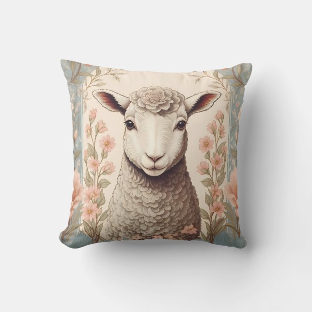Cute Lamb Delicate Pastel Floral Throw Pillow (Front)