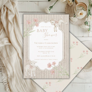 Cute Lamb Floral Vintage Baby Shower Invitation