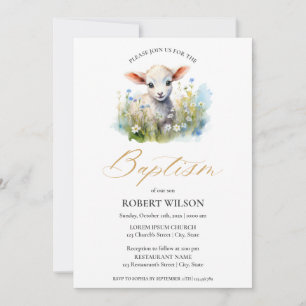 Cute Lamb Gender Neutral Flora Christening Baptism Invitation