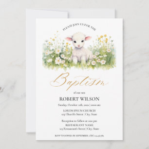 Cute Lamb Gender Neutral Flora Christening Baptism Invitation