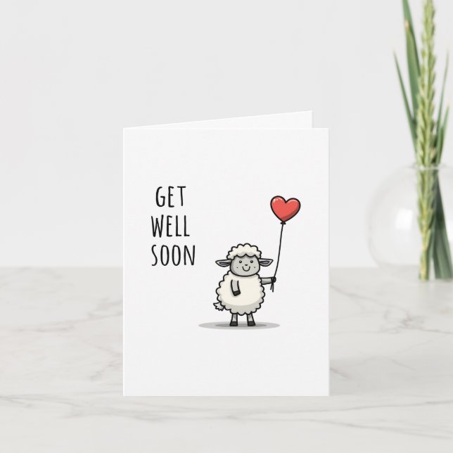 Cute Lamb Get Well Soon Card with Heart Balloon (Front)
