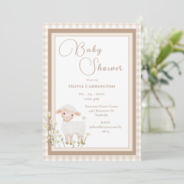 Cute Lamb Gingham Vintage Baby Shower Invitation (Standing Front)