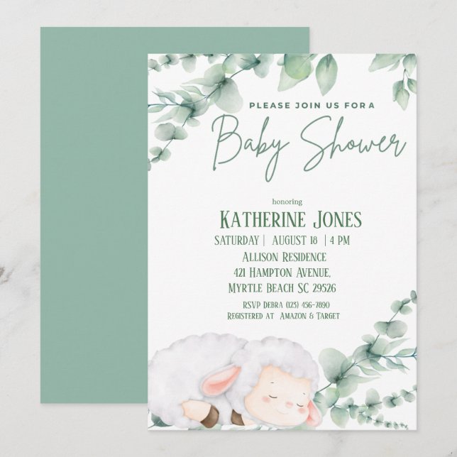 Cute Lamb Greenery Baby Shower  Invitation (Front/Back)