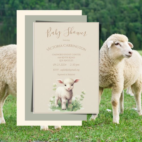 Cute Lamb Greenery Neutral Baby Shower Invitation