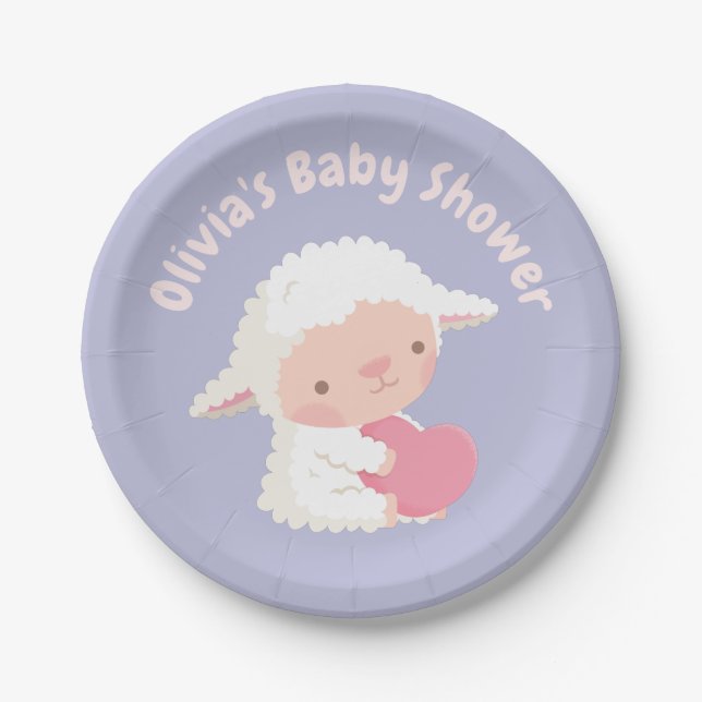 Cute Lamb Hugging Heart Baby Shower Supplies Paper Plates (Front)