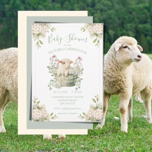 Cute Lamb in a Basket Floral Baby Shower Invitation