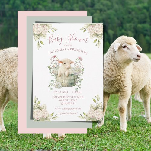 Cute Lamb in a Basket Floral Pink Baby Shower Invitation