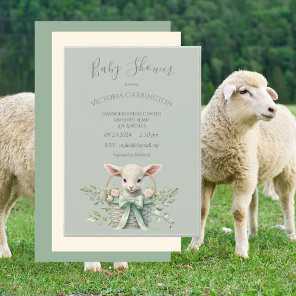 Cute Lamb in Basket with Flowers Baby Shower Invitation
