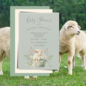 Cute Lamb in Basket with Flowers Baby Shower Invitation