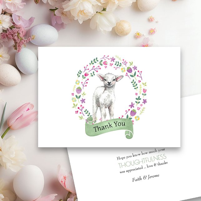 Cute Lamb in Doodle Flower Wreath Thank You Card (Spring or Easter Thank you card from my Little Bunny & Little Lamb Baby Shower collection)