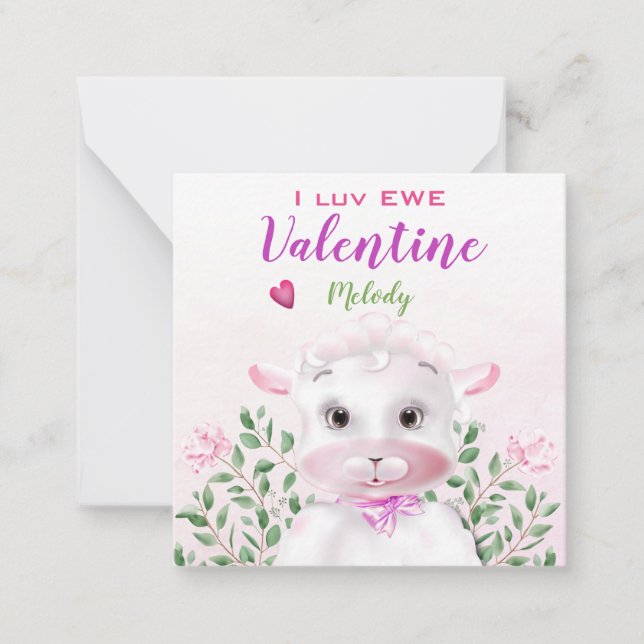 Cute Lamb Kids Classroom Valentine Note Card (Front)