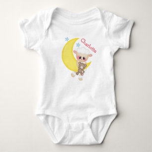 Cute Lamb on Crescent Moon with Monogram Baby Bodysuit