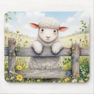 Cute Lamb On Farm Fence Mouse Pad