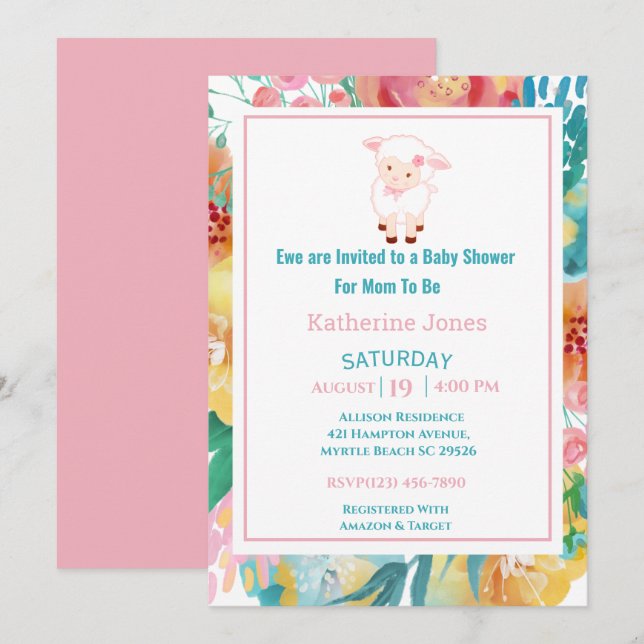 Cute Lamb Pink Floral Baby Shower Invitation (Front/Back)