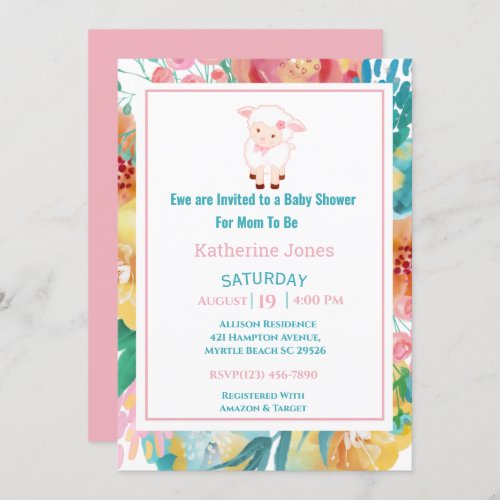 Cute Lamb Pink Floral Baby Shower Invitation