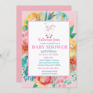 Cute Lamb Pink Floral Baby Shower Invitation