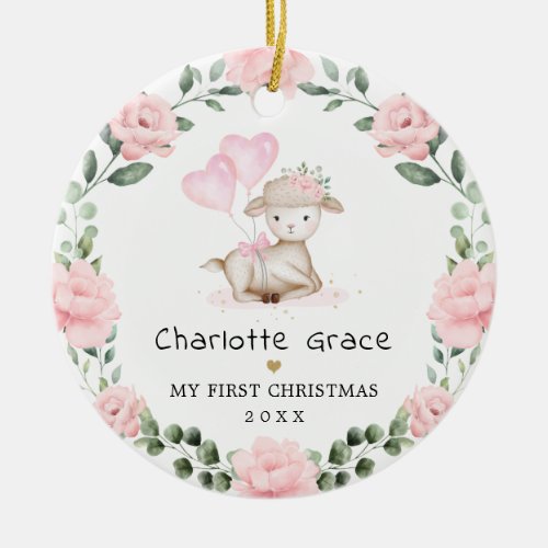 Cute Lamb Pink Floral Wreath Baby First Christmas Ceramic Ornament