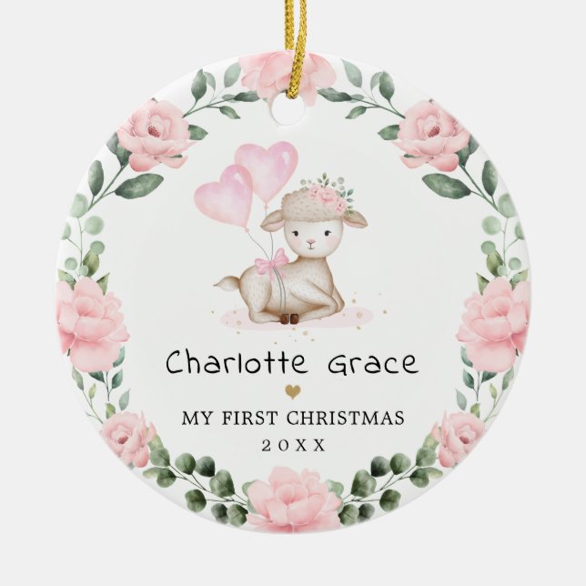 Cute Lamb Pink Floral Wreath Baby First Christmas Ceramic Ornament (Front)