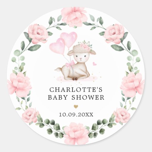 Cute Lamb Pink Floral Wreath Baby First Christmas  Classic Round Sticker