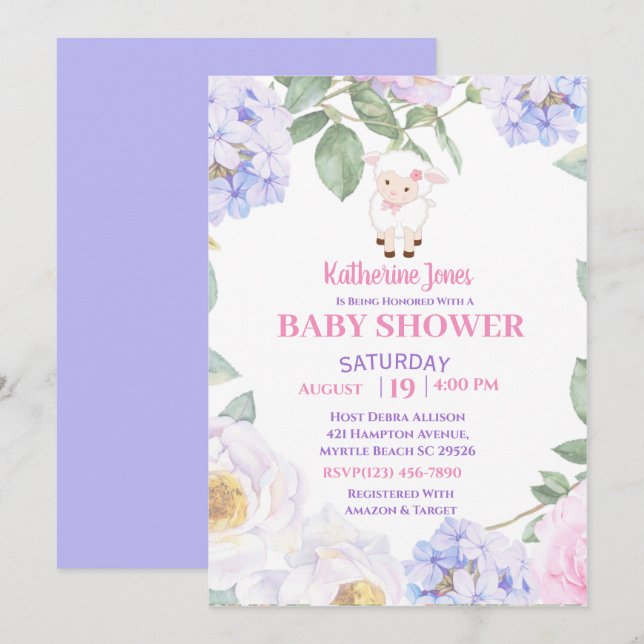 Cute Lamb Purple Floral Baby Shower Invitation (Front/Back)