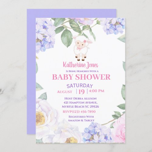 Cute Lamb Purple Floral Baby Shower Invitation