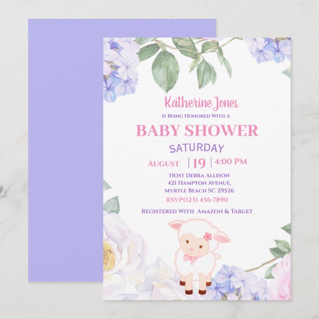 Cute Lamb Purple Floral Baby Shower Invitation (Front/Back)