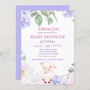 Cute Lamb Purple Floral Baby Shower Invitation
