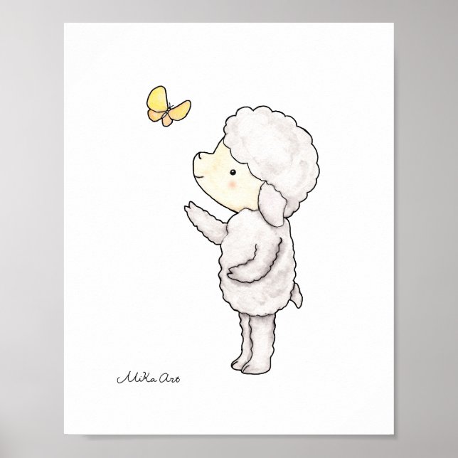 Cute Lamb Sheep Butterfly Nursery Art Print Poster (Front)