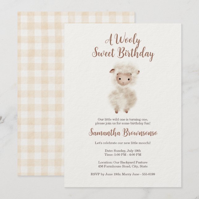 Cute Lamb Sheep Gingham Invitation (Front/Back)