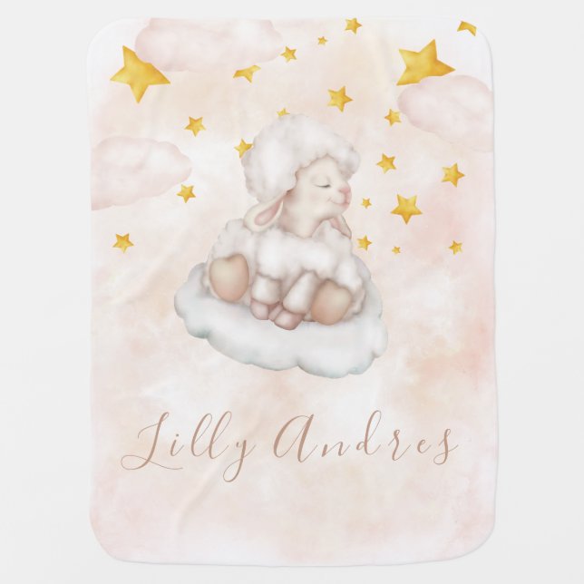Cute Lamb Sheep Pinky Gold Stars Girl Nursery  Baby Blanket (Front)