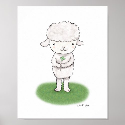 Cute Lamb Sheep Poster Lucky Shamrock Nursery Art