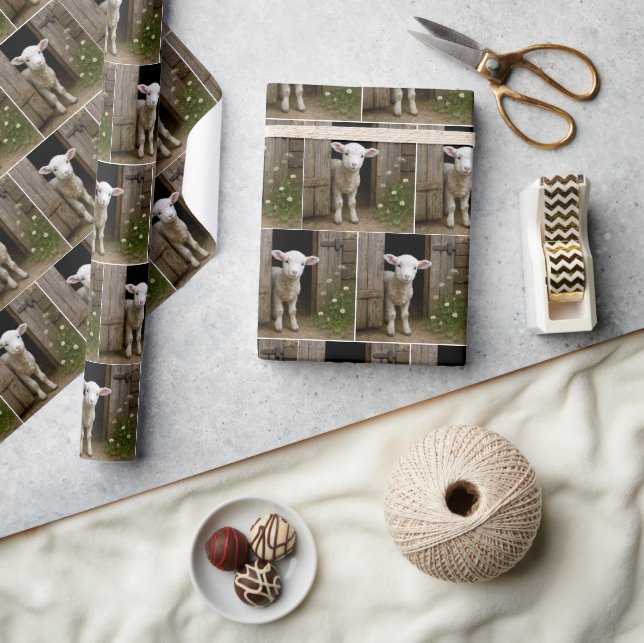 Cute Lamb Standing In Barn Doorway Wrapping Paper (Crafts)