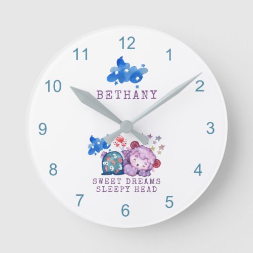 Cute Lamb Sweet Dreams Sleepy Head Baby Name Round Clock