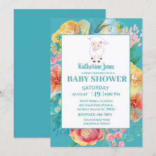 Cute Lamb Teal Blue Floral Baby Shower Invitation