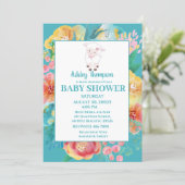 Cute Lamb Teal Blue Floral Baby Shower Invitation (Standing Front)