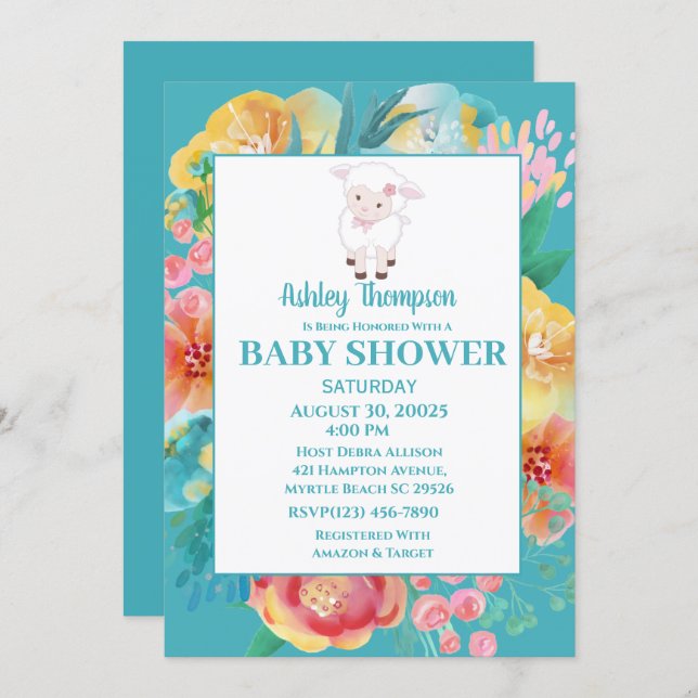 Cute Lamb Teal Blue Floral Baby Shower Invitation (Front/Back)