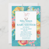 Cute Lamb Teal Blue Floral Baby Shower Invitation (Front)