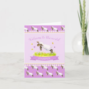 Cute lamb welcome to the world purple new baby card