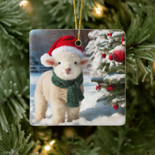 Cute lamb with a scarf and a Santa hat Ceramic Ornament