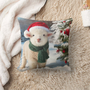 Cute lamb with a scarf and a Santa hat Throw Pillow