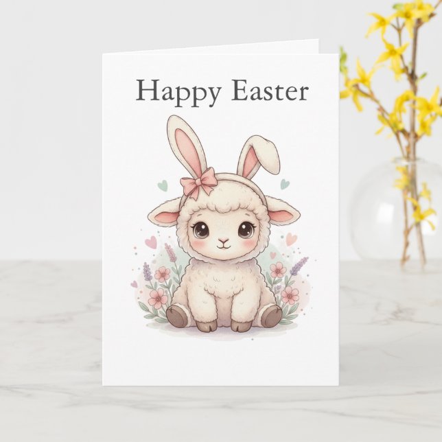 Cute Lamb with Bunny Ears Pastel colors Easter Card (Yellow Flower)