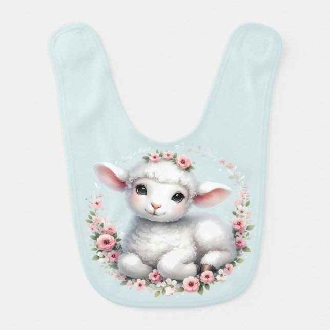 Cute Lamb with Floral Crown Illustration Baby Bib (Front)