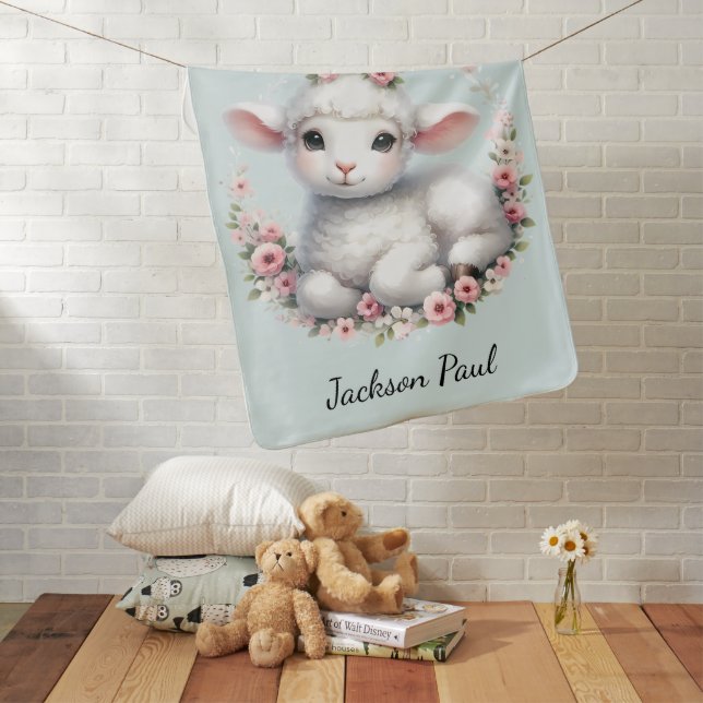 Cute Lamb with Floral Crown Illustration Baby Blanket (In Situ)
