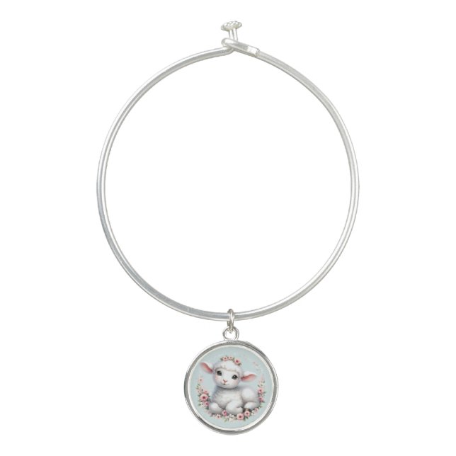 Cute Lamb with Floral Crown Illustration Bangle Bracelet (Front)