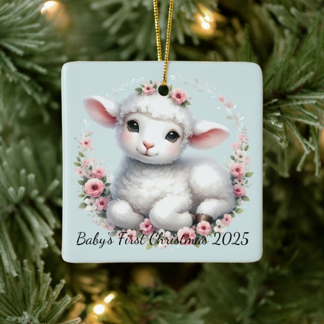 Cute Lamb with Floral Crown Illustration Ceramic Ornament (Tree)