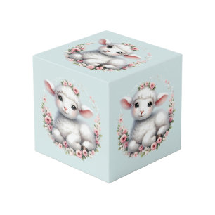 Cute Lamb with Floral Crown Illustration Cube