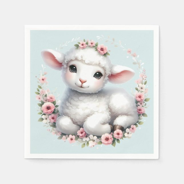 Cute Lamb with Floral Crown Illustration Napkins (Front)