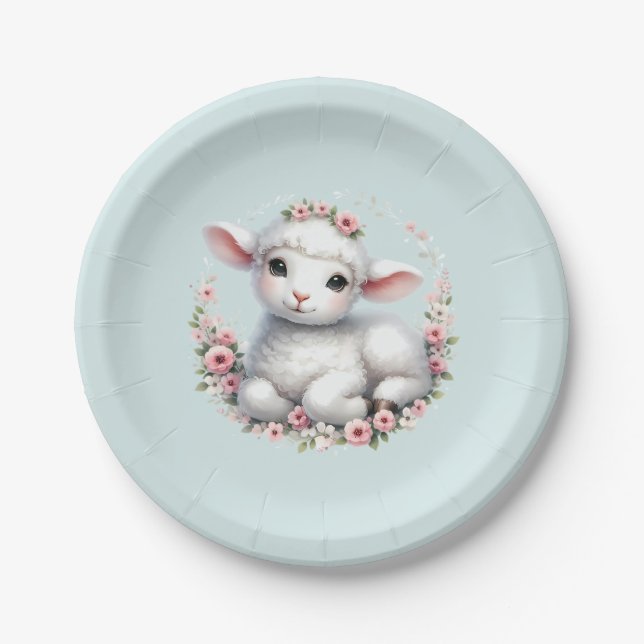 Cute Lamb with Floral Crown Illustration Paper Plates (Front)
